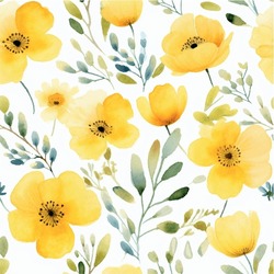 Pattern With Different Flowers Watercolor On White Background. Beautiful Floral Pattern With Watercolor Flowers. Watercolor Flowers. Seamless Pattern. Watercolor Tulips. Yellow Flowers