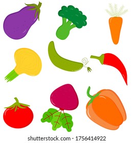 The pattern of different fresh vegetables on white background. Vector flat illustration isolated on white background. Vegan vector icon. Vegetarian healthy food.