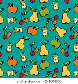 Pattern with different fruits and leaves on blue background 