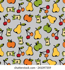 Pattern with different fruits and leaves on grey background 