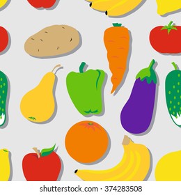 Pattern with different fruits and vegetables on a gray background vector; eps10