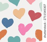 Pattern with different harts, pastel colors. Hand draw, brush texture. Vector, isolated.