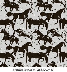 Pattern with different horse silhouettes. Repeating pattern with a horse. Horses. Silhouette of a galloping horse. Seamless pattern. Running horse. Pony in a jump.