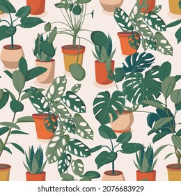 Pattern of different houseplants. Ficus, monstera, succulent, pilea in various pot, vase. Scandinavian cozy home decor. Flat vector cartoon print pattern illustration