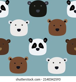 Pattern with different kinds of bear faces on a grey and blue background.