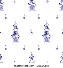 Pattern with different kinds of dessert. Endless texture for your design, announcements, postcards, posters, restaurant menu  in sketch. 