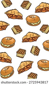a pattern of different kinds of food  pineapple pie  cream donut  cream Waffles. Sweet Food doodle pattern