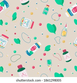 Pattern different medical items. Mask, medicine, pills, thermometer. The drawing is hand-drawn in trendy style. All elements are isolated. 