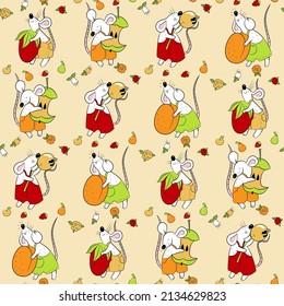 Pattern with different mice in pant and fruits. Animalistic vector background. Yellow, green, orange and red tones. Can be used for wallpapers, pattern fills, textile, surface textures