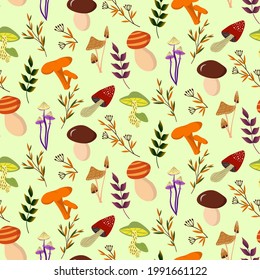 Pattern with different mushrooms and forest herbs. Vector illustration on a colored background. For use in prints, packaging, covers, decor, shops and markets, invitations and advertisements, cafe and