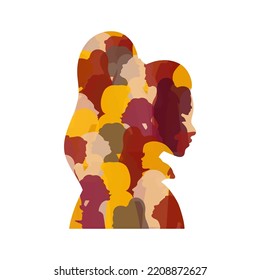 Pattern of different nationalities of women inside the silhouette of a girl's head. Pattern of translucent different women in profile. Vector seamless drawing Struggle for rights independence equality
