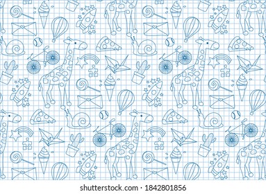 pattern with different outline shapes of animals, food and transport
squared notebook