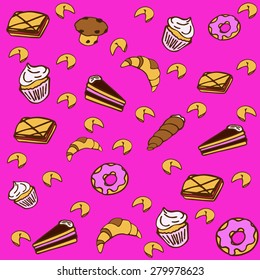 pattern of different pastries and desserts on bright background