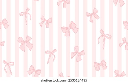 Pattern with different pink bows with striped background, seamless pattern for girl, coquette core desig