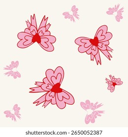 Pattern with different pink bows with striped background, seamless pattern for girl, coquette core design