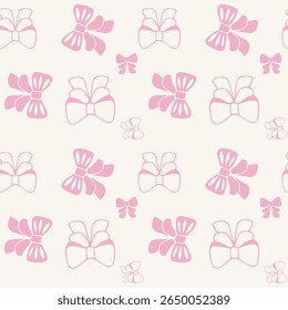 Pattern with different pink bows with striped background, seamless pattern for girl, coquette core design
