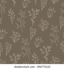The pattern of different plants. Brown background light several types of threads. It contains willow, bell and other plants.