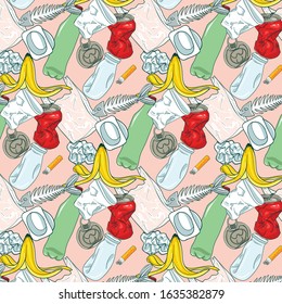 Pattern of different plastic garbage. Garbage from bottles, cups, disposable glasses, containers, banana peels, paper, plastic bags, etc. Vector design environmental pollution concept.