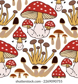 Pattern with different poisonous mushrooms. Forest mushrooms. Vector illustration.