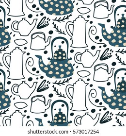 Pattern of  different shape of teapot in blue with hand drawn textures in modern style. Line and color shape