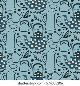 Pattern of  different shape of teapot in blue with hand drawn textures in modern style. Line and color shape