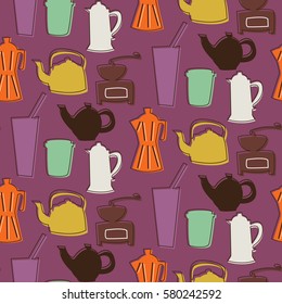 Pattern of  different shape of teapot in blue with line and color silhouettes on color background