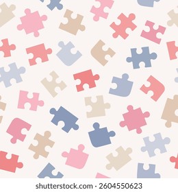 Pattern with different shapes puzzles. Cute seamless vector texture with disassembled puzzle for textile or wrapping paper. Vector design elements. Children hobby 
