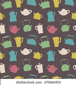 Pattern with different teapots. Kettles background. Seamless kitchen vector texture