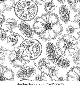 Pattern with different tomatoes. Hand drawn graphic. Vintage style.