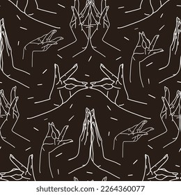 The pattern is different traditional hand signs of a dancing woman. Indian classical dance Bharatanatyam mudra. Alapadma hasta. Beautiful set of hands in Indian dance. Linear vector background Black