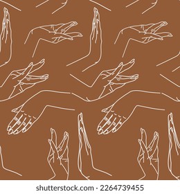 The pattern is different traditional hand signs of a dancing woman. Indian classical dance Bharatanatyam mudra. Alapadma hasta. Beautiful set of hands in Indian dance. Linear vector illustration