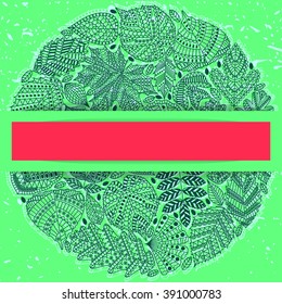 Pattern with different tree leaves such as oak and maple, chestnut and birch, aspen and linden, poplar and ginkgo, tulip tree and beech. Summer collection.  Green and pink colors.