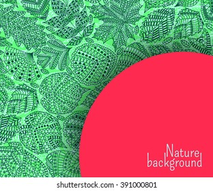 Pattern with different tree leaves such as oak and maple, chestnut and birch, aspen and linden, poplar and ginkgo, tulip tree and beech. Summer collection.  Green and pink colors.