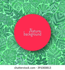 Pattern with different tree leaves such as oak and maple, chestnut and birch, aspen and linden, poplar and ginkgo, tulip tree and beech. Summer collection.  Green and pink colors.