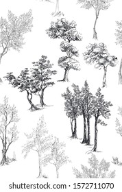 Pattern with different trees , nature landscape in toile de jouy style in black and white style