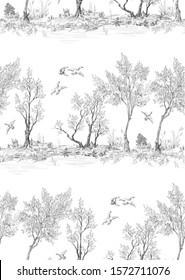 Pattern with different trees , nature landscape in toile de jouy style in black and white style in horizontal lines