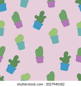 Pattern with different types of cacti. Pink background with green cacti. Bright cactus pots