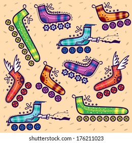 Pattern Different types of colored roller skates on a light background