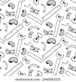pattern of different types of contoured pasta. Suitable for decorating with culinary themes inspired by Italian cuisine. Homogeneous texture of several versions of Italian flour pasta on a white