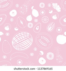 pattern from different types of fruits in a flat style on a pink background