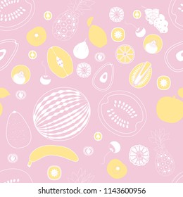 pattern from different types of fruits in a flat style on a pink background