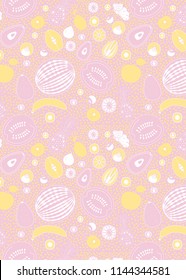 pattern from different types of fruits in a flat style on a pink background