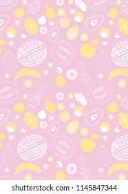 pattern from different types of fruits in a flat style on a pink background