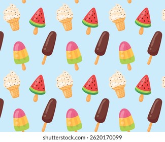 Pattern of different types of ice cream. Hand-drawn. Vector illustration.