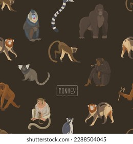 Pattern with different types of monkeys. Variety of primates, mammals animals. Images for nature reserves, zoos and children's educational paraphernalia. Vector illustration. Isolated objects.