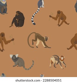 Pattern with different types of monkeys. Variety of primates, mammals animals. Images for nature reserves, zoos and children's educational paraphernalia. Vector illustration. Isolated objects.