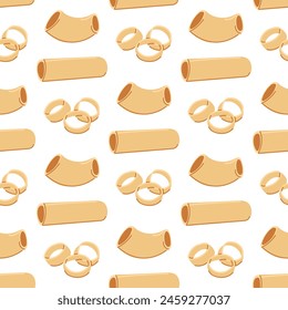 A pattern of different types of pasta. Chopsticks, hollow circles for culinary themes inspired by Italian cuisine. Homogeneous texture of several versions of flour pasta made from Italian flour
