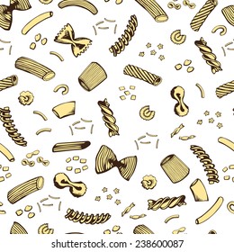 Pattern with different types of pasta.  Collection of Italian pasta. Sketches. Hand-drawing. Vector illustration. Seamless pattern for fabric, paper and other printing and web projects.