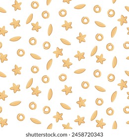 Pattern of different types of pasta. Stars, rings, drop. It is suitable for culinary themed decorations inspired by Italian cuisine.Seamless texture of several variants of Italian types of flour pasta