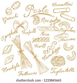 pattern with different types of pastes, name pastes. Hand-drawn pasta with lethering, vector illustration in retro style, design element.